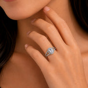 Rhodium Plated American Diamond with Oval Center Stone & Halo Openwork Pattern Ring