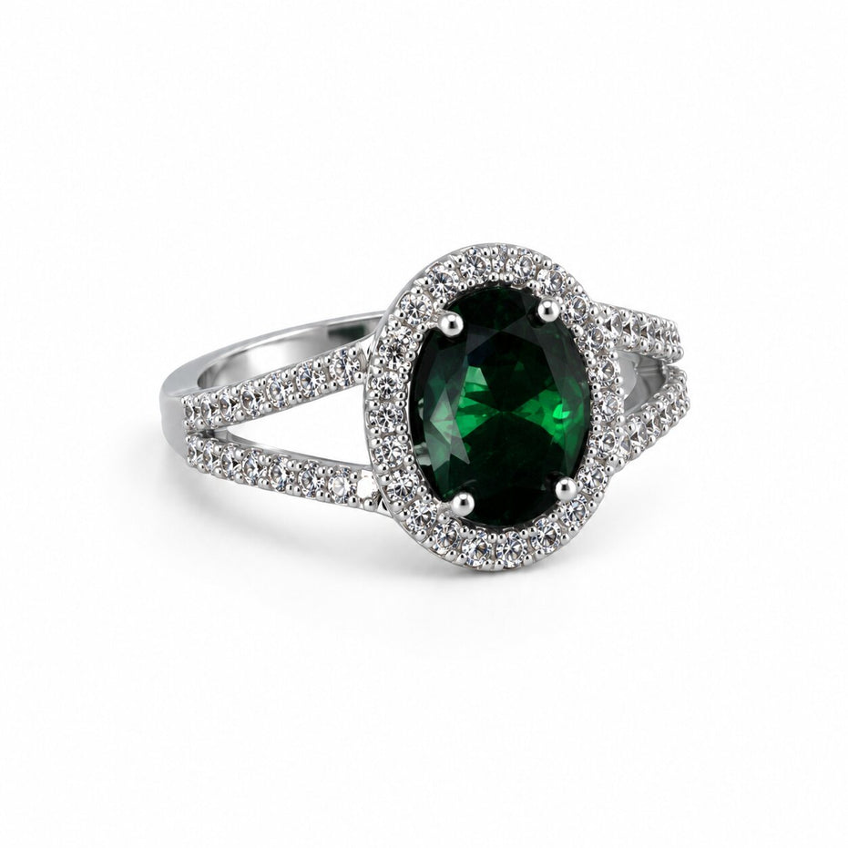 Rhodium Plated American Diamond with Oval Center Stone & Halo Openwork Pattern Ring