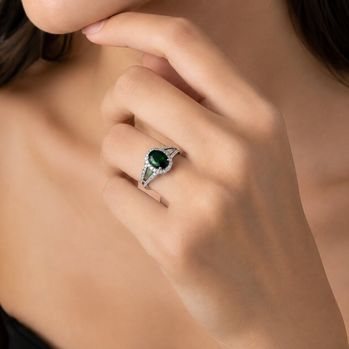 Rhodium Plated American Diamond with Oval Center Stone & Halo Openwork Pattern Ring