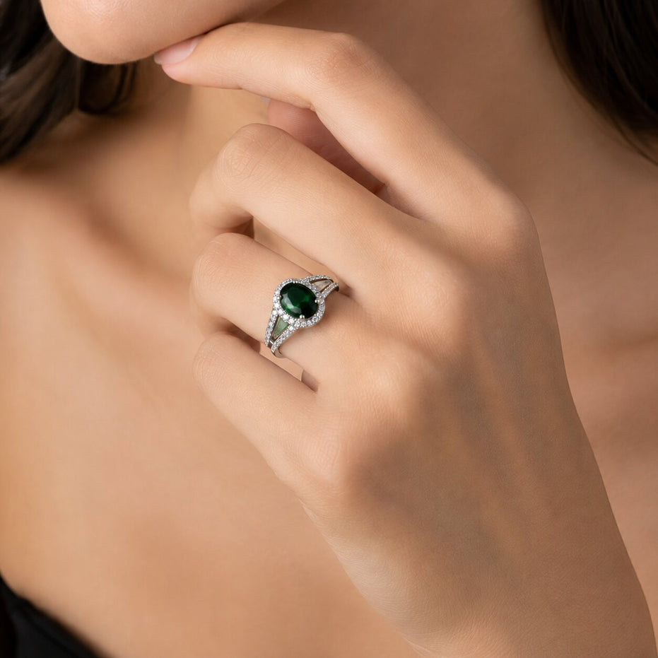 Rhodium Plated American Diamond with Oval Center Stone & Halo Openwork Pattern Ring