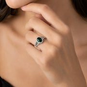 Rhodium Plated American Diamond with Oval Center Stone & Halo Openwork Pattern Ring