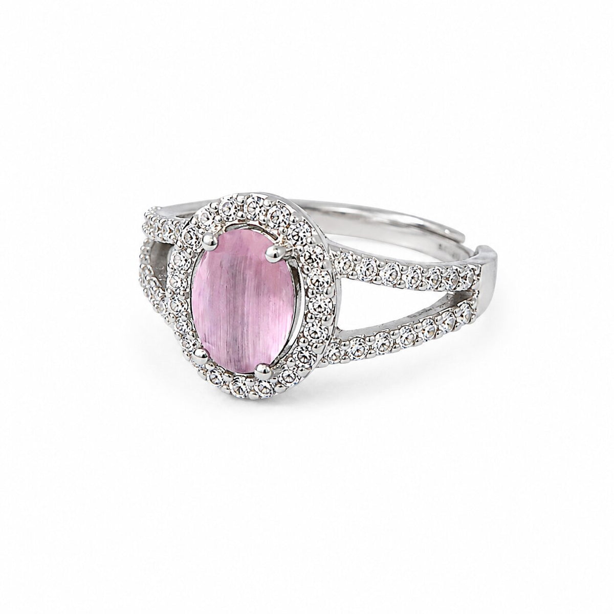 Rhodium Plated American Diamond with Oval Center Stone & Halo Openwork Pattern Ring