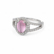 Rhodium Plated American Diamond with Oval Center Stone & Halo Openwork Pattern Ring