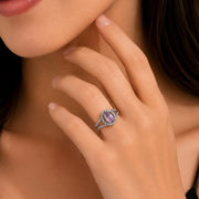 Rhodium Plated American Diamond with Oval Center Stone & Halo Openwork Pattern Ring