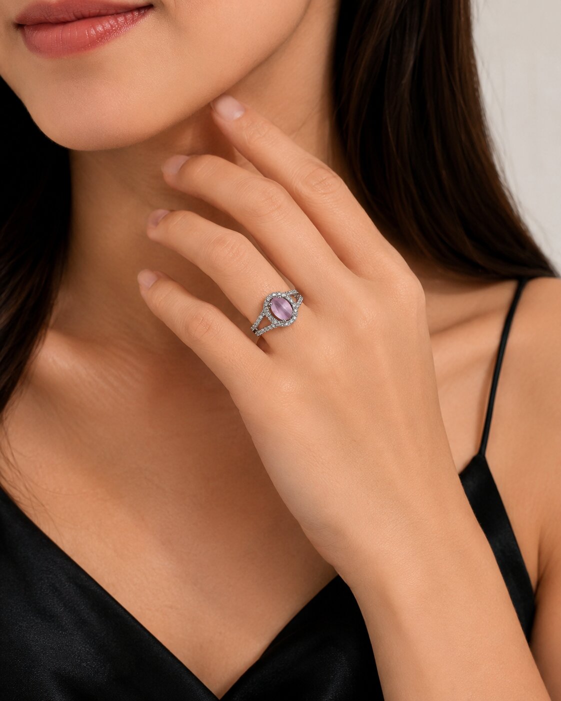 Rhodium Plated American Diamond with Oval Center Stone & Halo Openwork Pattern Ring