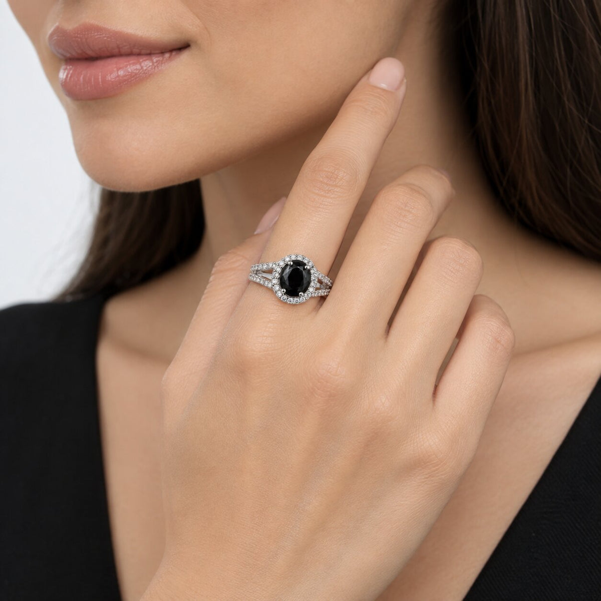 Rhodium Plated American Diamond with Oval Center Stone & Halo Openwork Pattern Ring