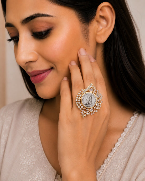 Gold Plated Victorian Coin Pattern American Diamond Statement Ring