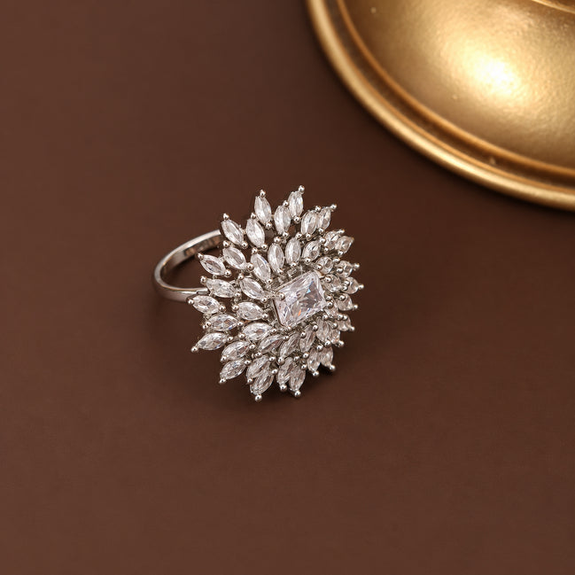 Rhodium Plated Floral Cluster CZ Ring
