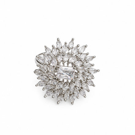 Rhodium Plated Floral Cluster CZ Ring