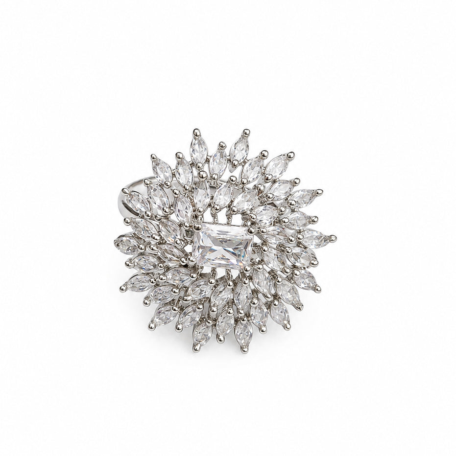 Rhodium Plated Floral Cluster CZ Ring