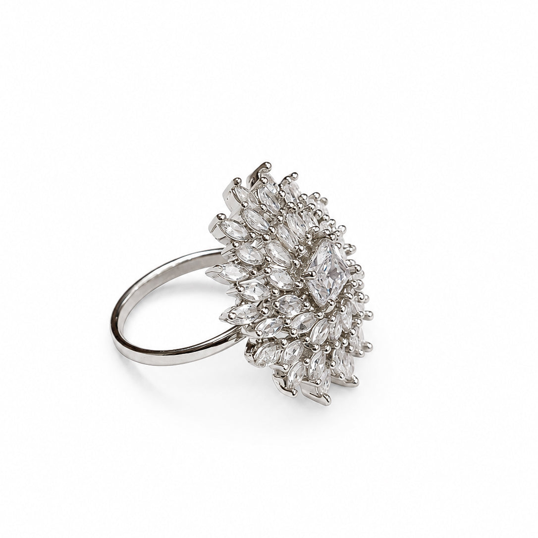 Rhodium Plated Floral Cluster CZ Ring