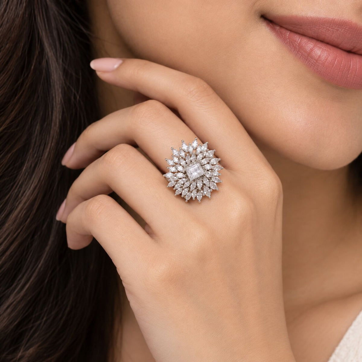 Rhodium Plated Floral Cluster CZ Ring