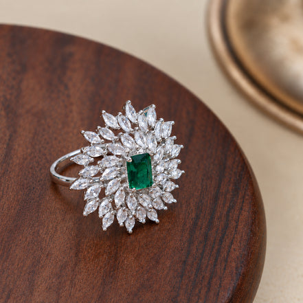Rhodium Plated Floral Cluster CZ Ring