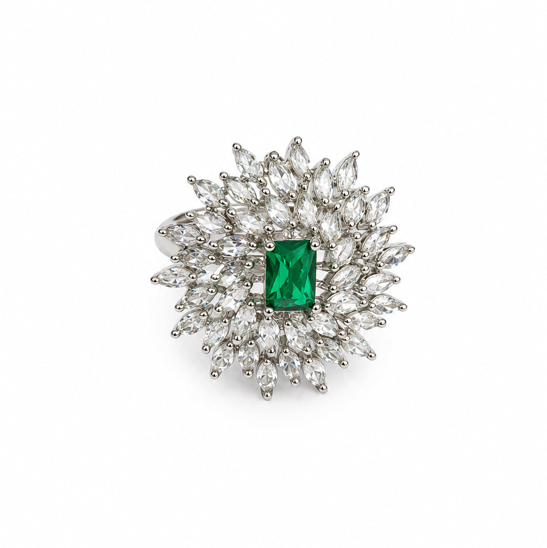 Rhodium Plated Floral Cluster CZ Ring
