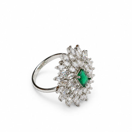 Rhodium Plated Floral Cluster CZ Ring