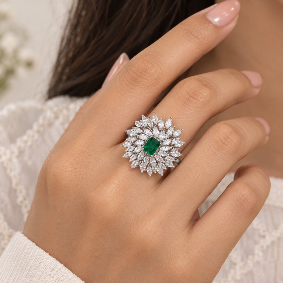 Rhodium Plated Floral Cluster CZ Ring