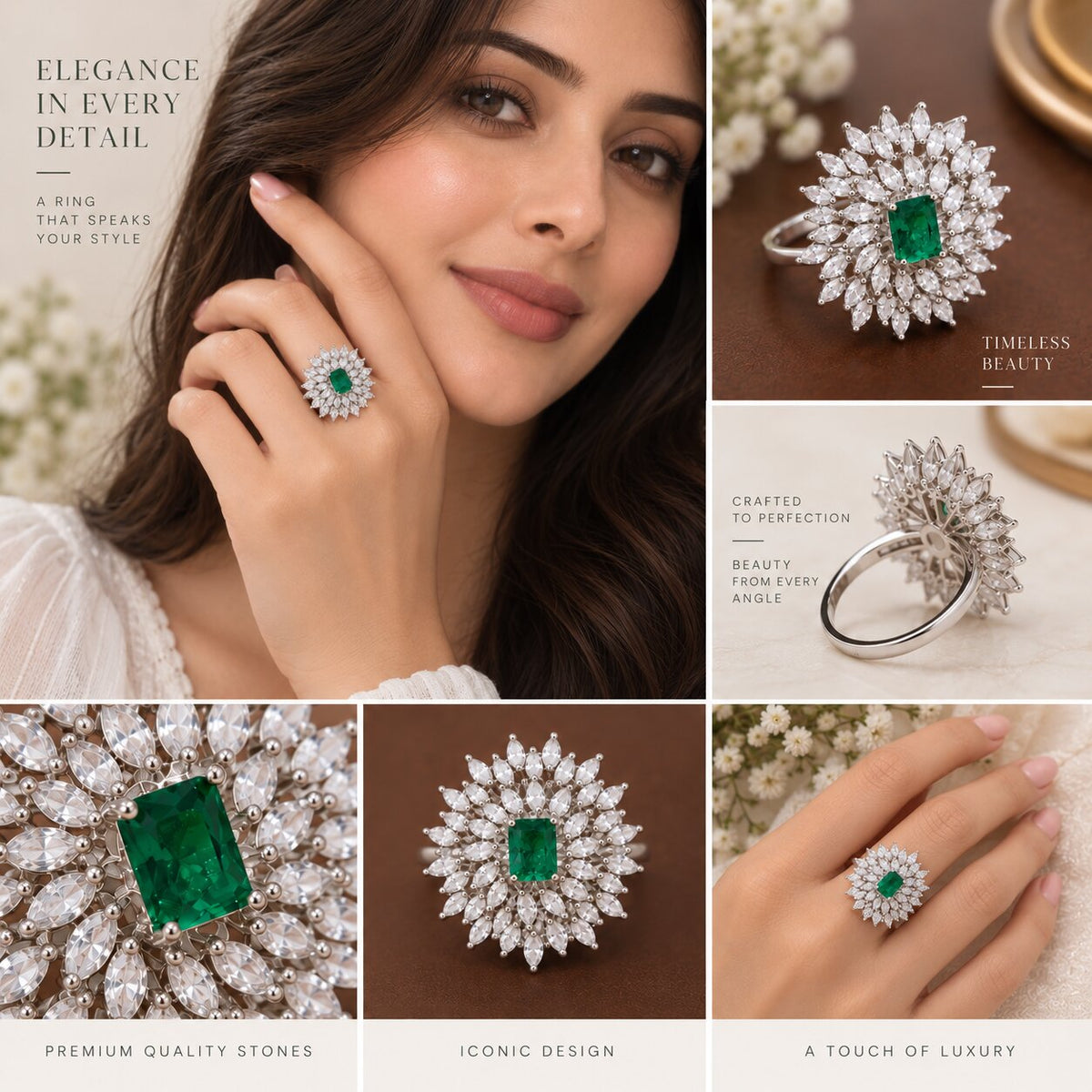 Rhodium Plated Floral Cluster CZ Ring