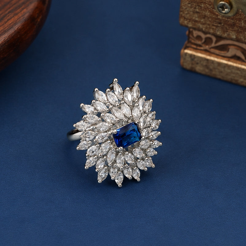 Rhodium Plated Floral Cluster CZ Ring