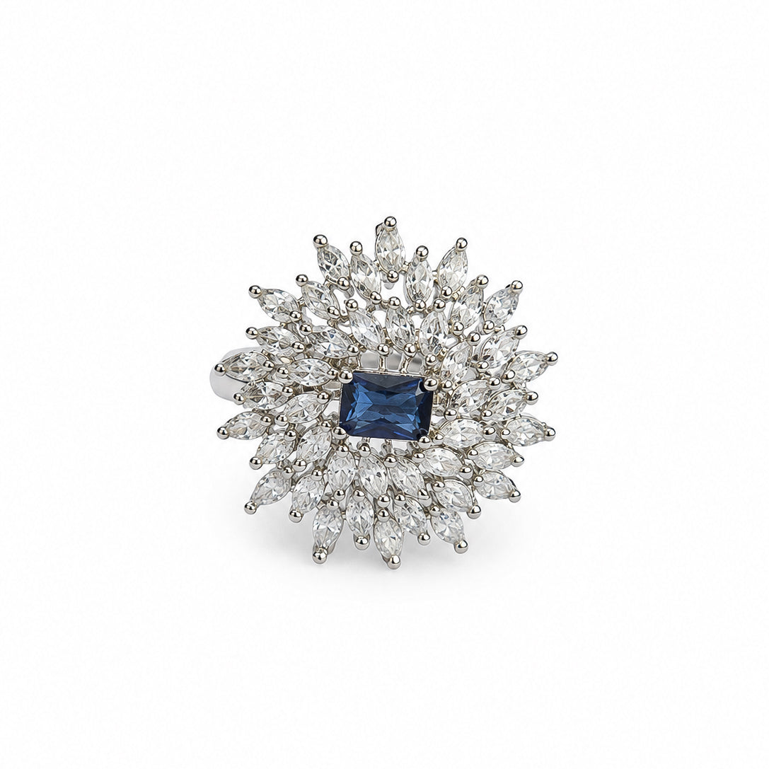 Rhodium Plated Floral Cluster CZ Ring