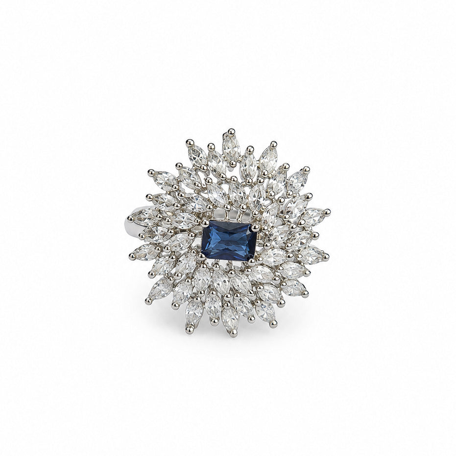 Rhodium Plated Floral Cluster CZ Ring