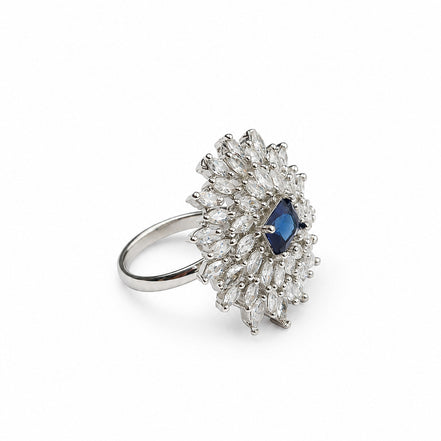 Rhodium Plated Floral Cluster CZ Ring