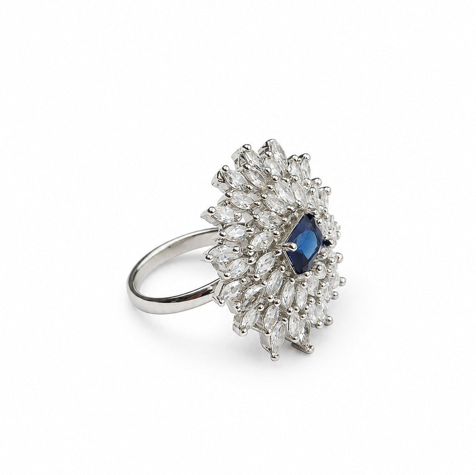 Rhodium Plated Floral Cluster CZ Ring