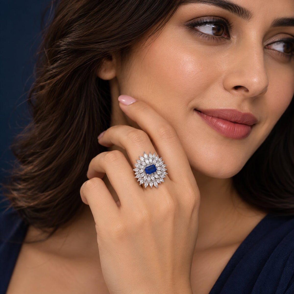 Rhodium Plated Floral Cluster CZ Ring