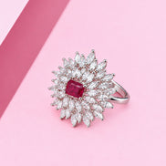 Rhodium Plated Floral Cluster CZ Ring