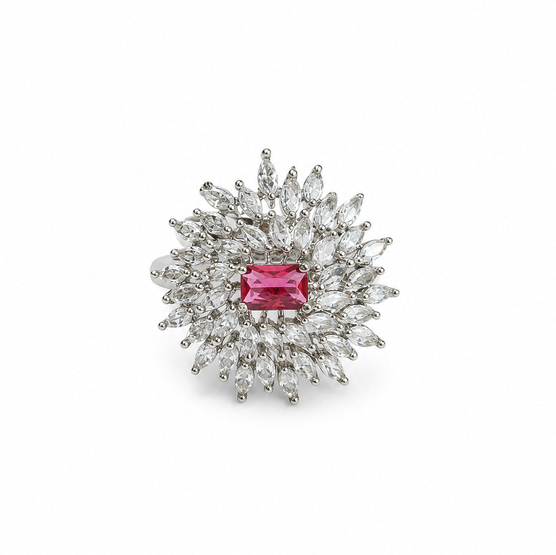 Rhodium Plated Floral Cluster CZ Ring