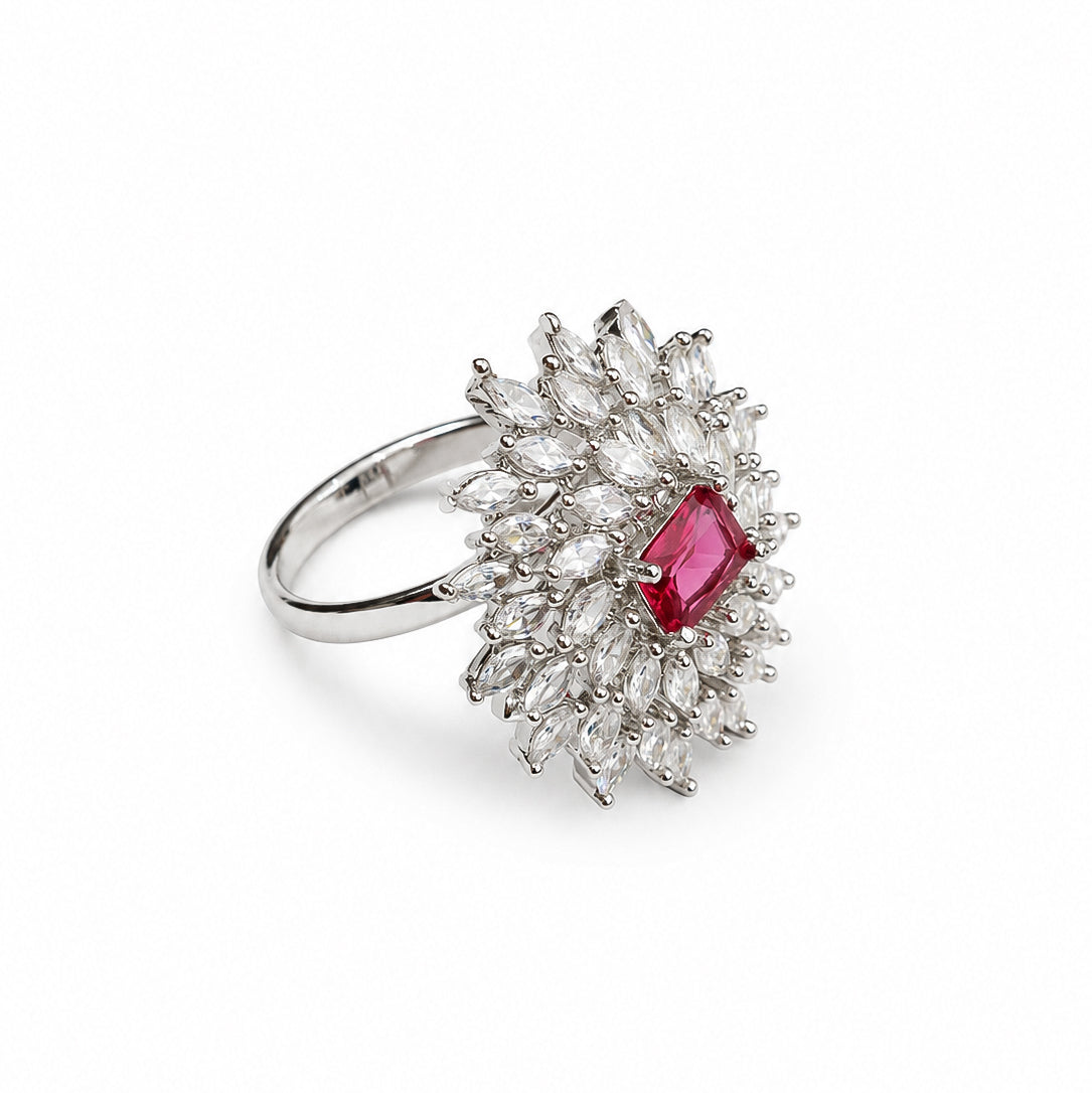 Rhodium Plated Floral Cluster CZ Ring