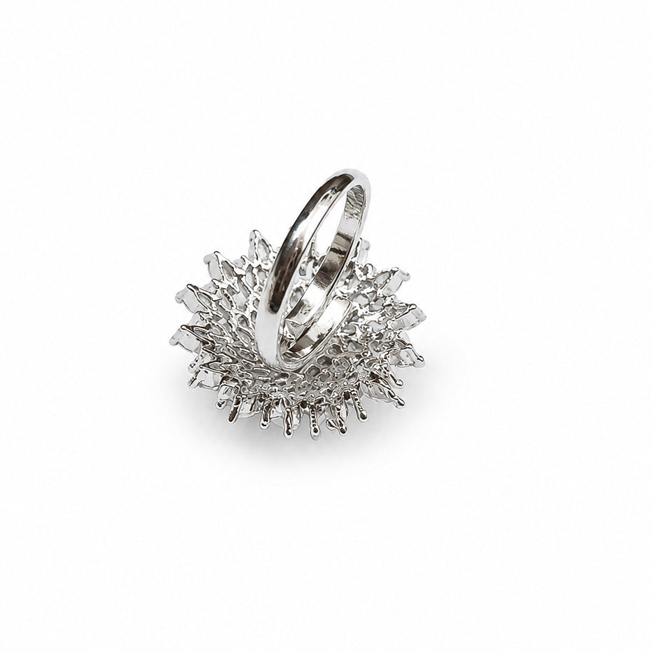 Rhodium Plated Floral Cluster CZ Ring