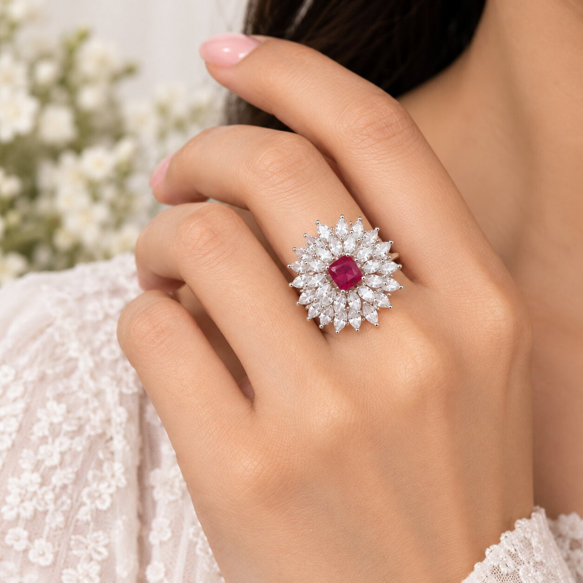Rhodium Plated Floral Cluster CZ Ring