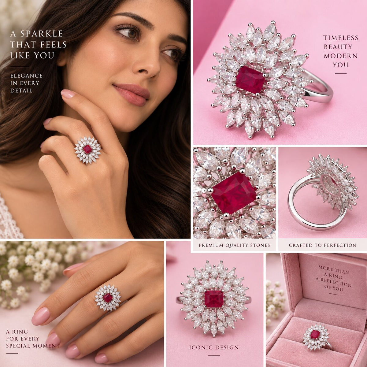Rhodium Plated Floral Cluster CZ Ring