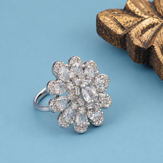 Rhodium Plated Flower Pattern Crystal Adjustable Ring