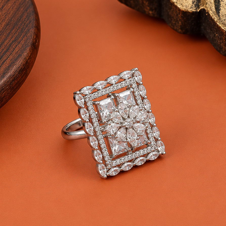 Rhodium Plated Geometric Rectangle Floral Pattern Adjustable Statement Ring