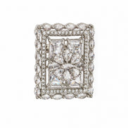 Rhodium Plated Geometric Rectangle Floral Pattern Adjustable Statement Ring