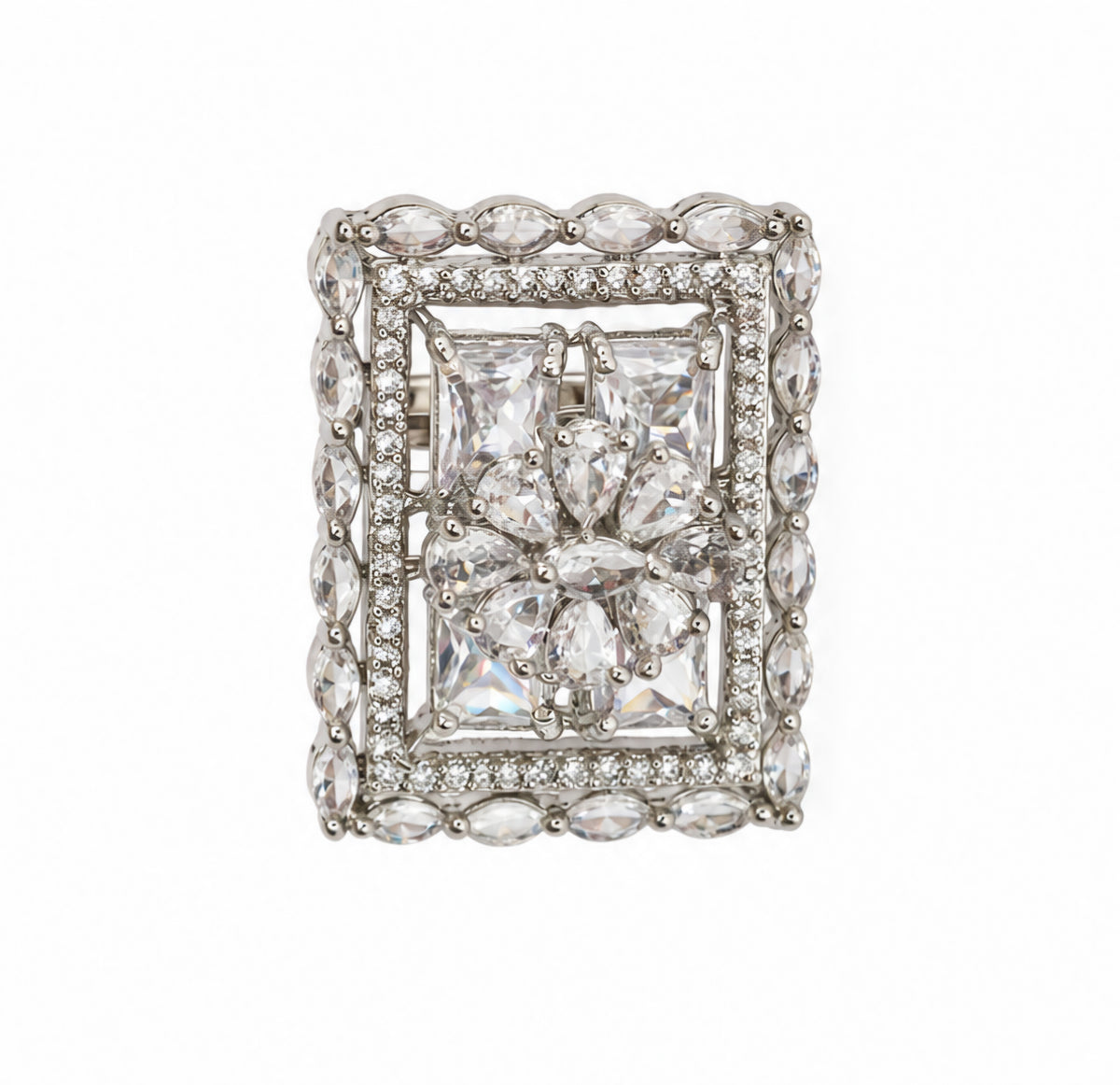 Rhodium Plated Geometric Rectangle Floral Pattern Adjustable Statement Ring
