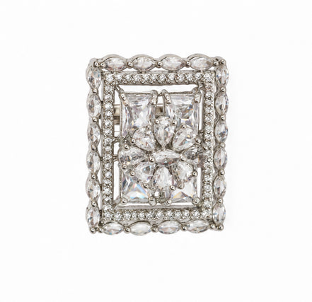 Rhodium Plated Geometric Rectangle Floral Pattern Adjustable Statement Ring