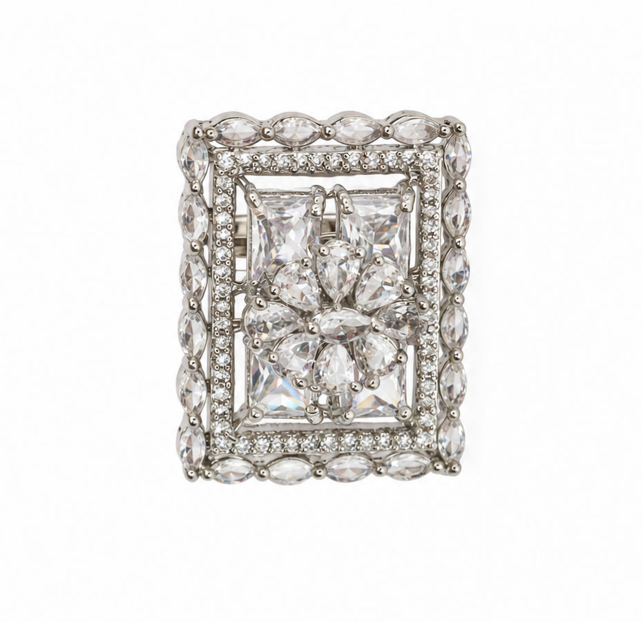 Rhodium Plated Geometric Rectangle Floral Pattern Adjustable Statement Ring
