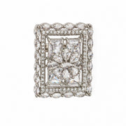 Rhodium Plated Geometric Rectangle Floral Pattern Adjustable Statement Ring