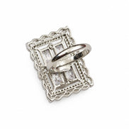 Rhodium Plated Geometric Rectangle Floral Pattern Adjustable Statement Ring