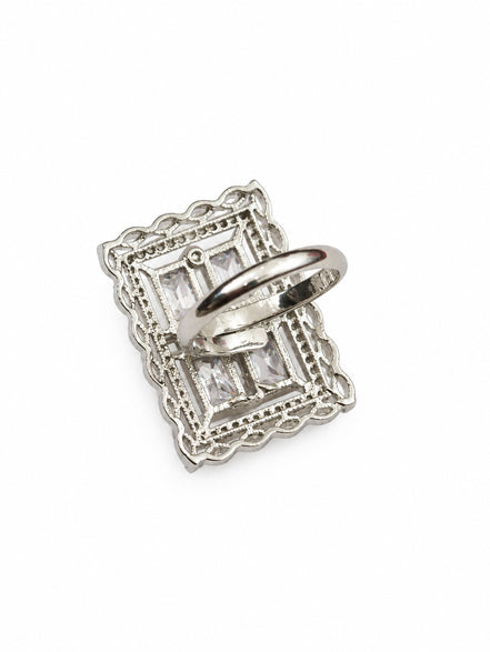 Rhodium Plated Geometric Rectangle Floral Pattern Adjustable Statement Ring