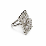 Rhodium Plated Geometric Rectangle Floral Pattern Adjustable Statement Ring