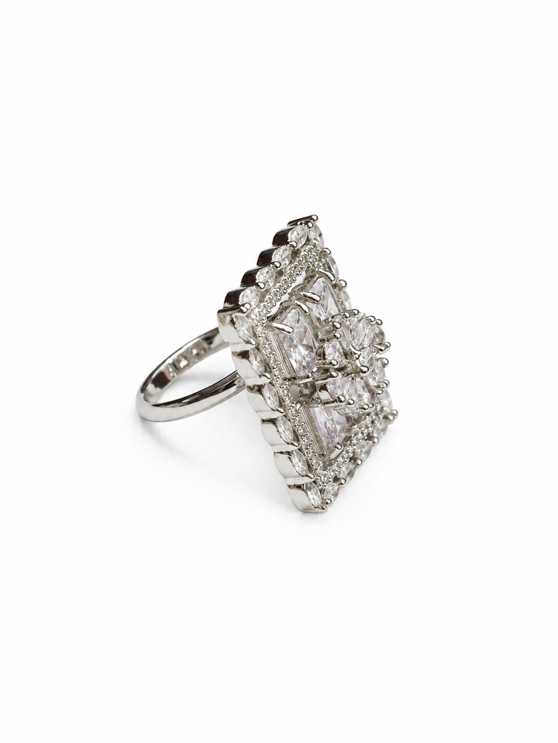 Rhodium Plated Geometric Rectangle Floral Pattern Adjustable Statement Ring