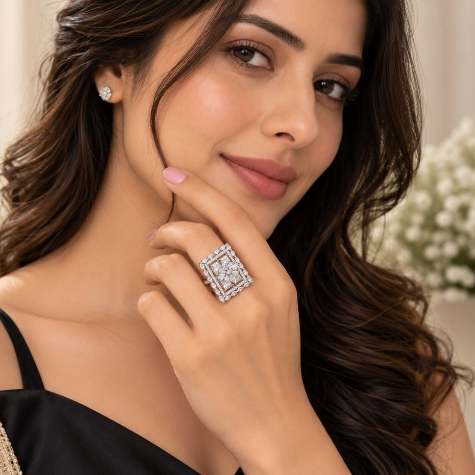Rhodium Plated Geometric Rectangle Floral Pattern Adjustable Statement Ring