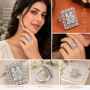 Rhodium Plated Geometric Rectangle Floral Pattern Adjustable Statement Ring