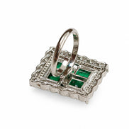 Rhodium Plated Geometric Rectangle Floral Pattern Adjustable Statement Ring