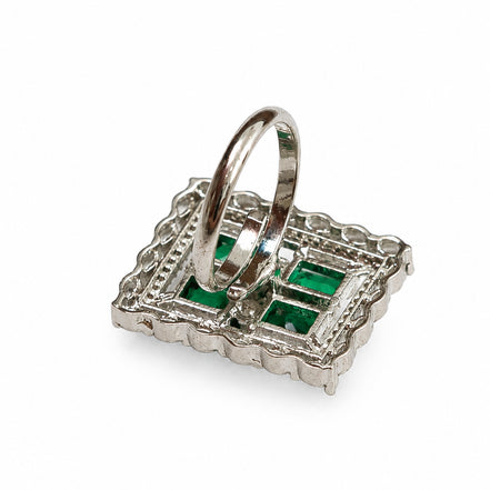 Rhodium Plated Geometric Rectangle Floral Pattern Adjustable Statement Ring