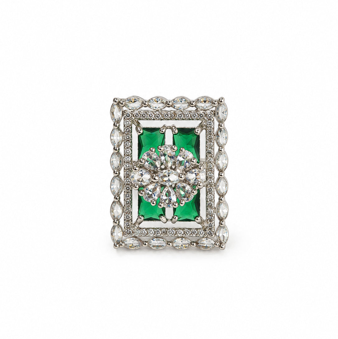 Rhodium Plated Geometric Rectangle Floral Pattern Adjustable Statement Ring