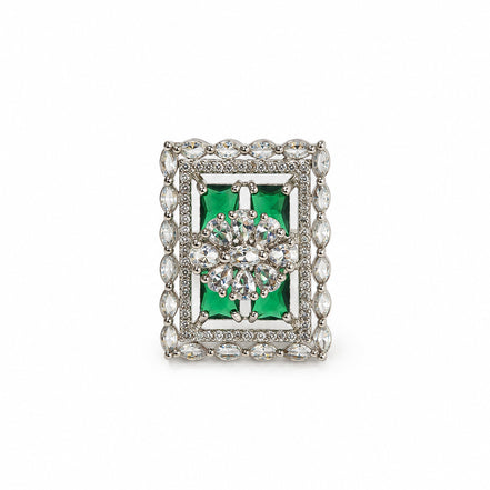 Rhodium Plated Geometric Rectangle Floral Pattern Adjustable Statement Ring